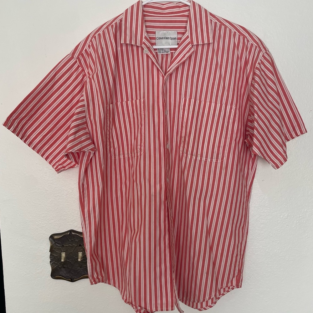 Vintage Calvin Klein Red and White Striped Casual Shirt